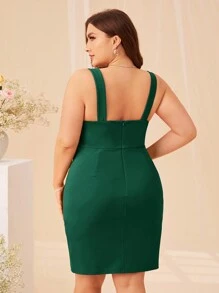 SHEIN Clasi 大尺碼女性純色打褶細肩帶連身裙 - 墨綠色 - 查看 4