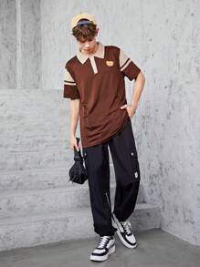 Teenagers (Male) Contrast Color Bear Embroidered Button Half Cardigan Polo Shirt - Multicolor - View 6