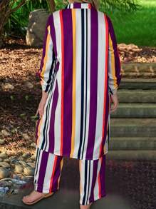 SHEIN LUNE Plus Striped Print Shirt & Wide Leg Pants - Multicolor - View 2