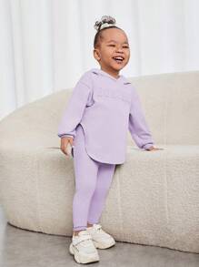 SHEIN 嬰兒女孩休閒字母凸起連帽長袖上衣搭配褲子套裝 - 紫色 - 查看 5