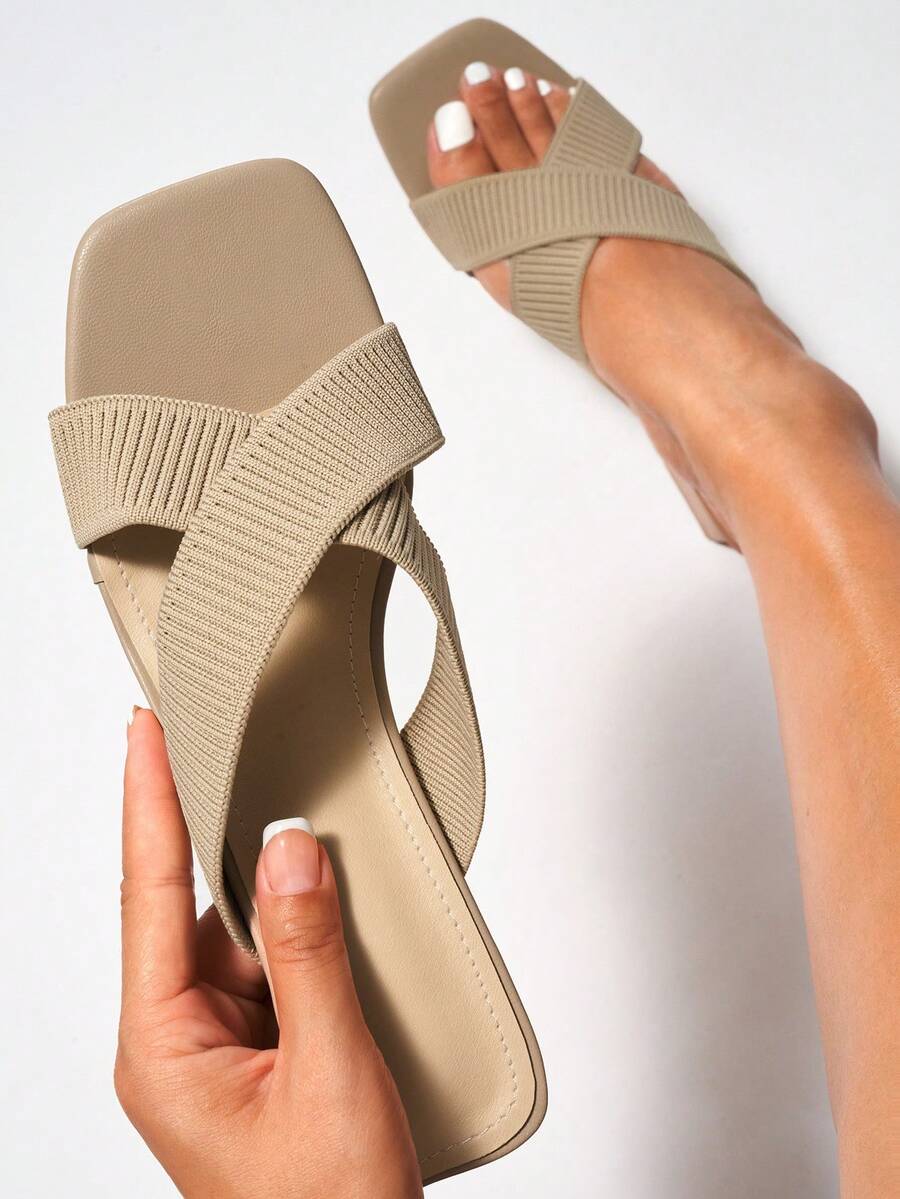 女式坡跟/中跟穆勒鞋,純色露趾十字扣毛茸茸編織夏季透氣休閒高跟鞋 - 杏色 - 查看 1