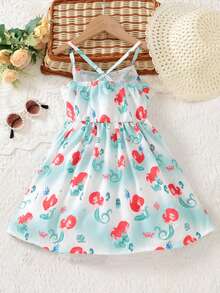 SHEIN 少女休閒度假無袖Cami裙，魚尾紋印花，彈性腰帶，A字形裙裝適用於夏季 - 綠色 - 查看 2