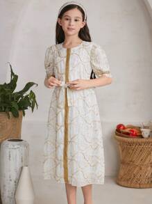 SHEIN 女孩刺繡泡泡袖連身裙 - 米色 - 查看 7