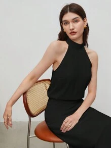 BizChic 女士纯色简约露背宽松垂褶上衣，基础都市通勤风格，简约时尚优雅商务休闲衬衫，适合办公室、教师等场合。 - 黑色 - 查看 10