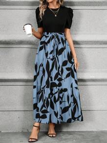 SHEIN LUNE 女式短款泡泡袖泡泡下摆连衣裙，搭配植物印花长款女装 - 霧霾藍 - 查看 6