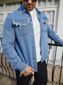 Manfinity Roughcore Frayed Edge Decor Button Up Denim Shirt - Baby Blue - View 1