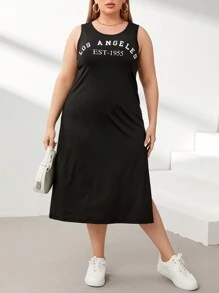 SHEIN Essnce 女式大尺碼黑色字母印花無袖開叉裙，適用於春夏 - 黑色 - 查看 5