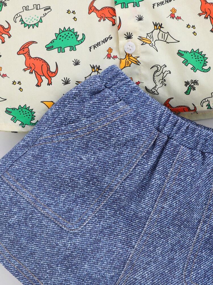 Unisex Baby Cute Dinosaur Pattern Short Sleeve Shirt And Denim Shorts Set