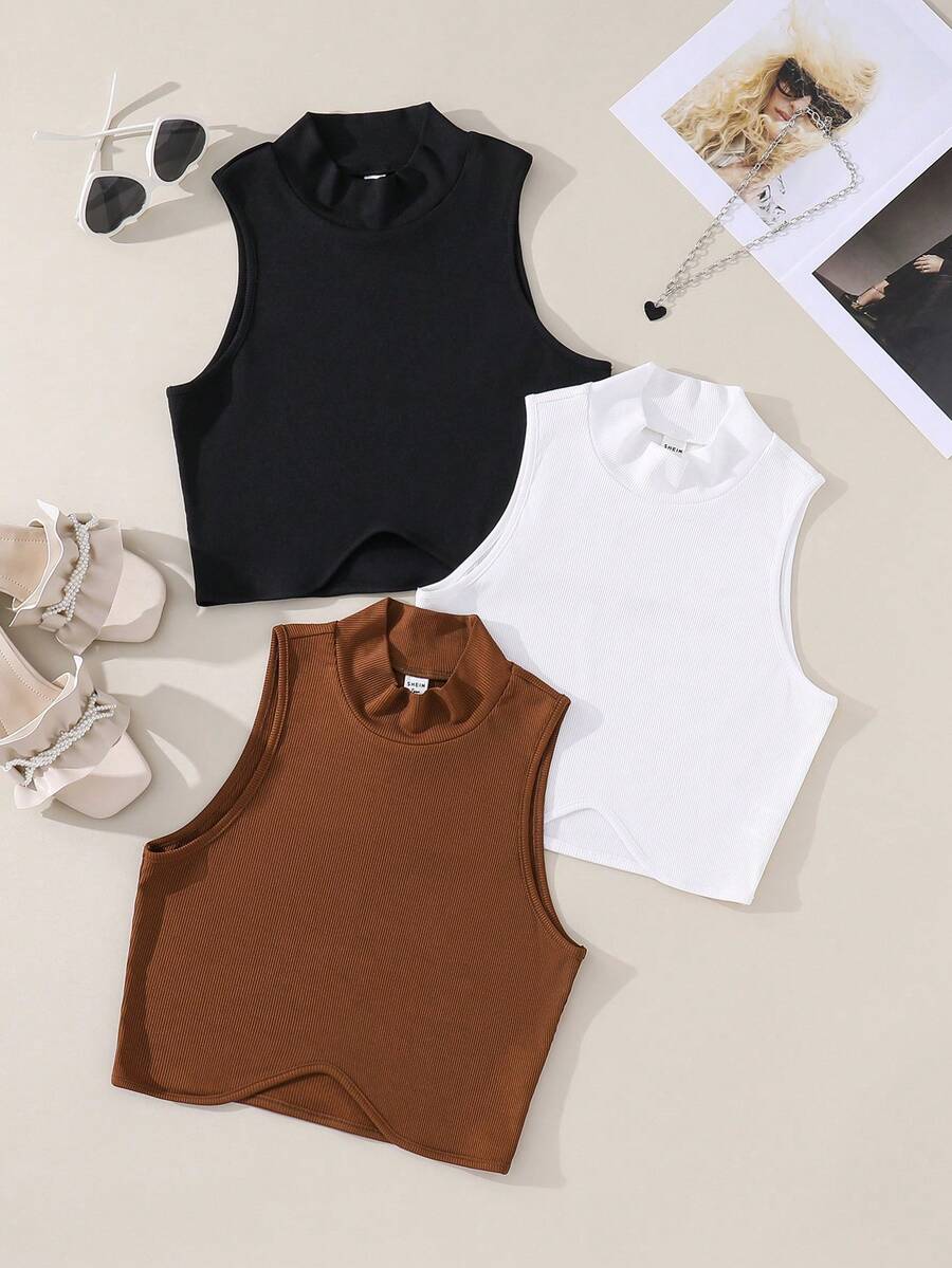 3pcs/Set Teen Girls' Ribbed Knitted Tank Tops - Multicolor - View 1