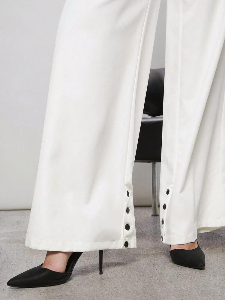 Button Hem Belted Wide Leg Pants