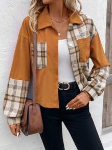 SHEIN LUNE Women's Lapel Collar Splice Jacket - Brown - View 3