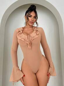SHEIN SXY Women'S Peplum Off Shoulder Ruffle Trim Long Sleeve Bodysuit Birthday Outfit Spring Women Clothes Valentine Day Concert Outfits Date Night Outfit Summer Outfits - Orange - View 1