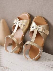 兒童鞋,女童夏季休閒金色平底涼鞋 - 金色 - 查看 2