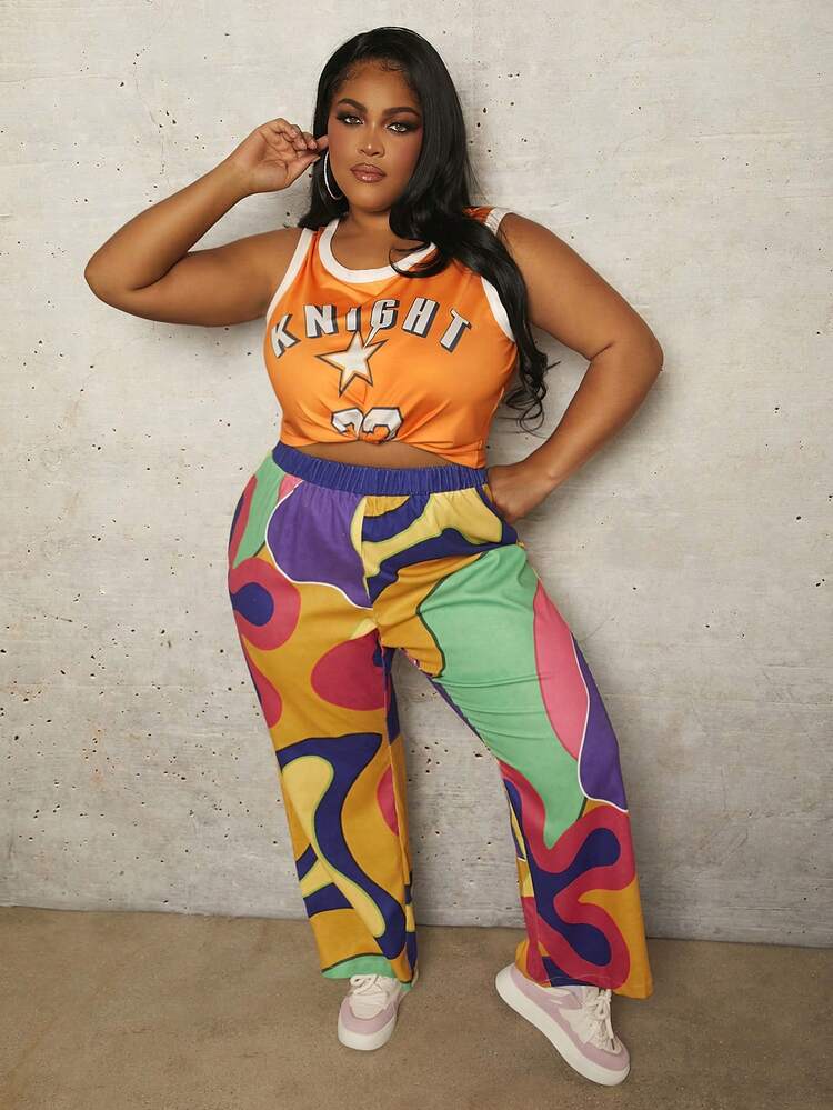 Plus Size Colorblock Tank Top With Letter & Star Print And Contrast Trim