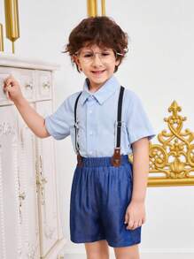 SHEIN 2pcs/Set Young Boys' Fashionable And Casual College Style Shirt Set, Gentleman And