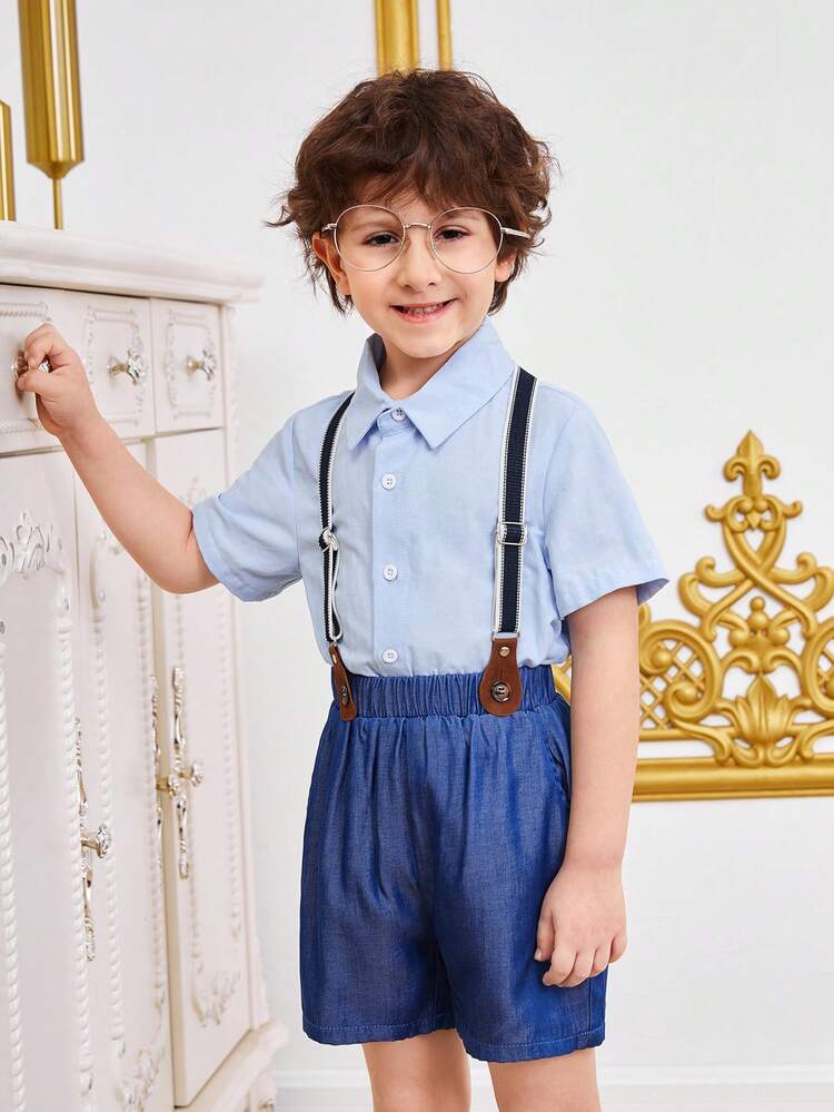 2pcs/Set Young Boys' Fashionable And Casual College Style Shirt Set, Gentleman And