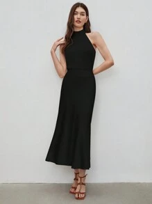 BizChic 女士纯色简约露背宽松垂褶上衣，基础都市通勤风格，简约时尚优雅商务休闲衬衫，适合办公室、教师等场合。 - 黑色 - 查看 9