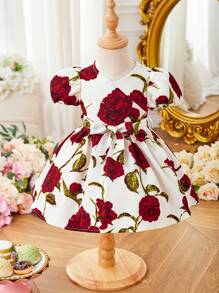 SHEIN Vestido con cinturón de manga corta con estampado de flores de rosa vintage para niñas bebé - Blanco - Ver 8