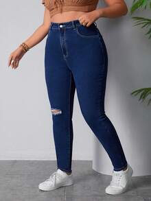 SHEIN EZwear 大碼撕破款修身牛仔褲 - 藍色 - 查看 3