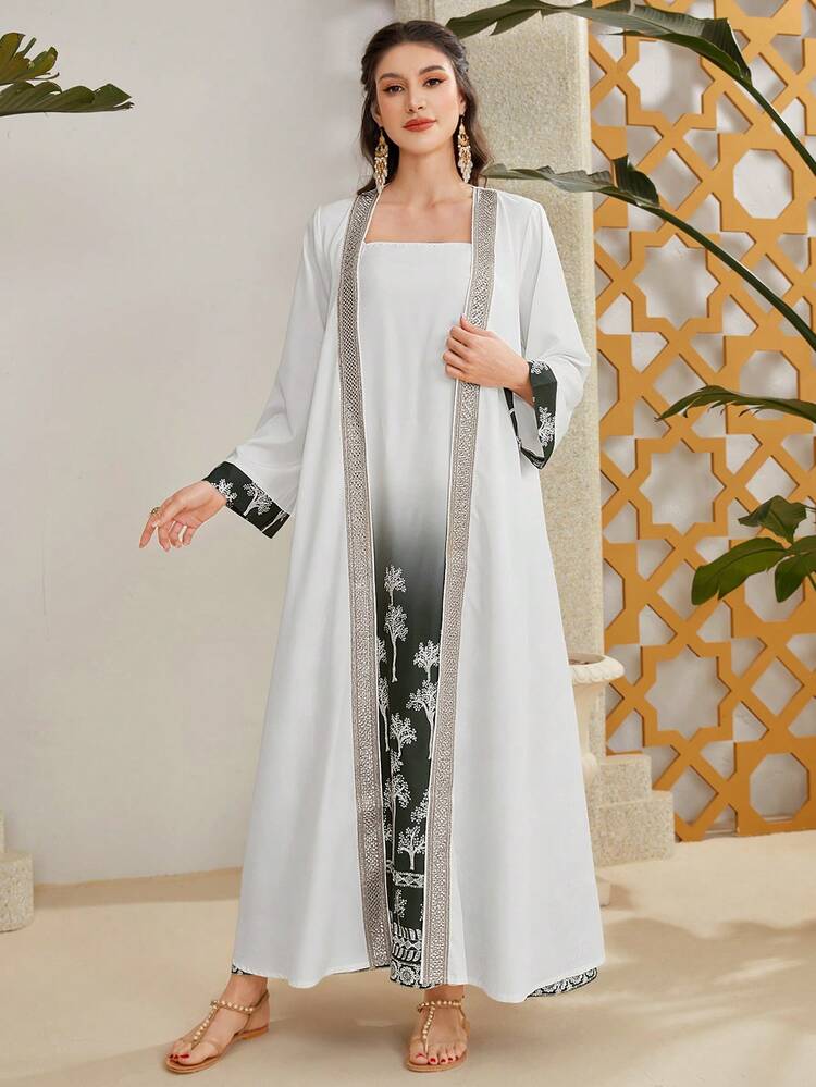 2pcs/Set Plant Printed Gradient Color Spaghetti Strap Dress And Knitted Jacket