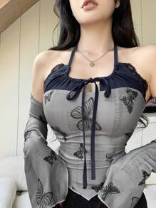 DAZY 二合一拼接蝴蝶图案全身印花长袖 T 恤，秋季女装 - 灰色 - 查看 4