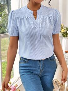 EMERY ROSE Puff Short Sleeve Striped Blouse With Notched Collar - Blue - View 1
