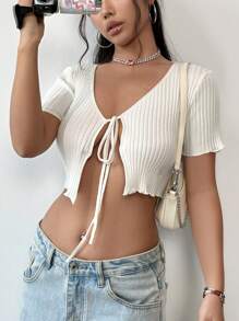 SHEIN Unity 女式正面繫帶開襟短版開襟衫 - 米色 - 查看 4