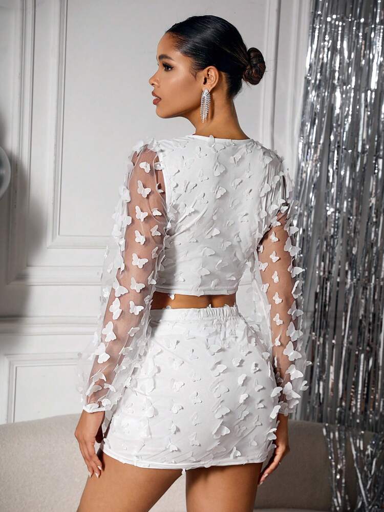 Women's Butterfly Applique Cropped Top And Skirt Set Fall Cloth For Women
