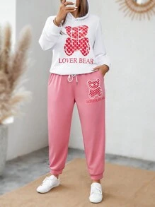 Calvaya 大尺碼女士熊貓印花連帽衛衣和長褲套裝 - 紅白色 - 查看 5