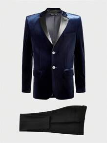 AKNOTIC Business Casual Men's Velvet Blazer Pants Suit - Navy Blue - View 8
