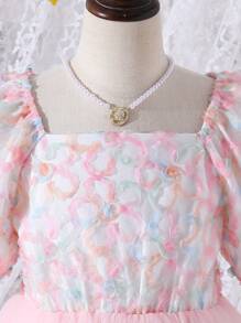 Girls' Square Neck Puff Sleeve Mesh Dress (For Tween Girls) - Multicolor - View 7