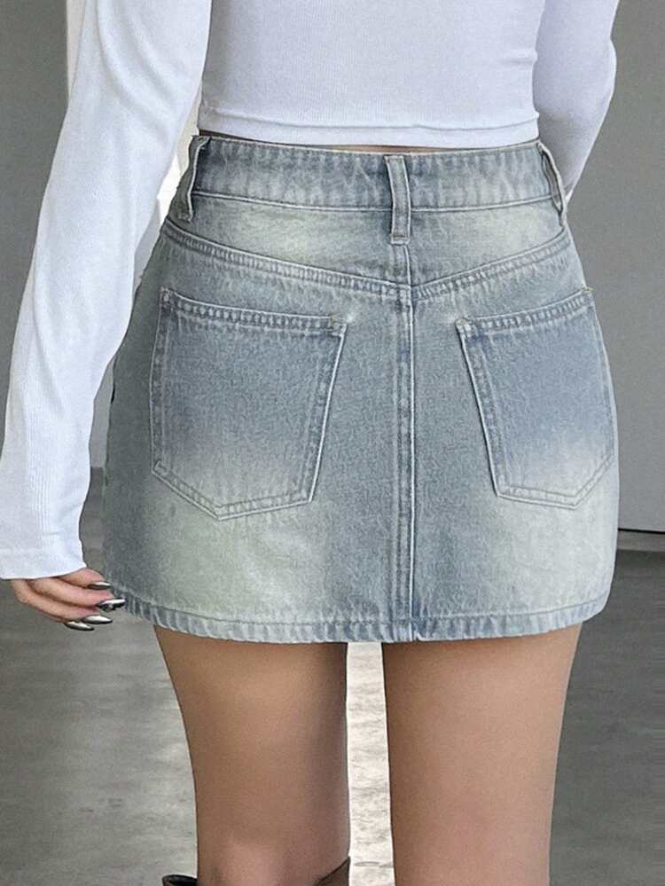Women'S Contrast Color Fringed Decor Washed Denim Skirt Jeans Skirt