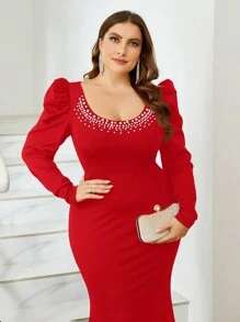 SHEIN Belle فستان سهرة رسمي على شكل حورية البحر مزين باللؤلؤ بحجم زائد بأكمام جيجوت - الأحمر - مشاهدة 6