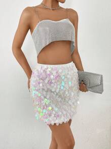 Allurite Women's High Waisted Sparkly Skirt - White - View 5