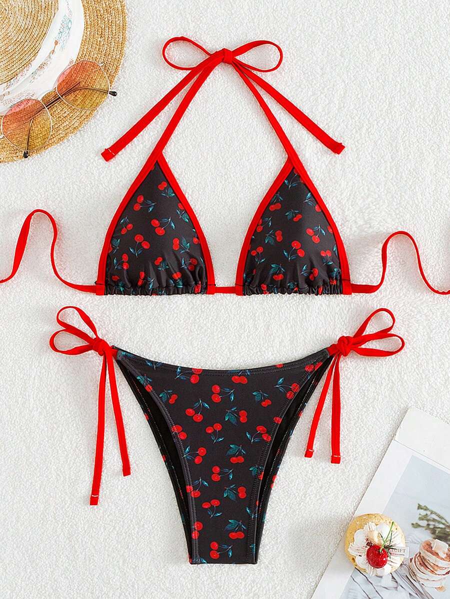 Swim Mod Summer Beach Women's Cherry Printed Bikini With Color Block Design And Halter Neck Bra & Bikini Bottom Bikini Set - Black - View 1