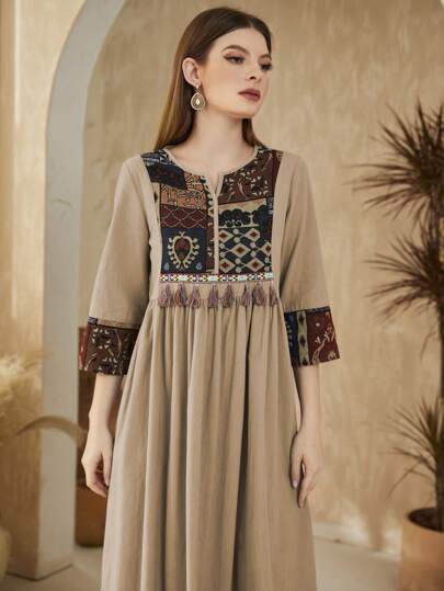 Al Najma Arabian Geometric Pattern Patchwork Fringed Modest Dress