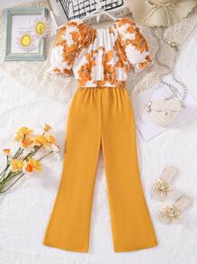 Tween Girl Jumpsuit With Large Flower Prints And Belt - Yellow - View 2