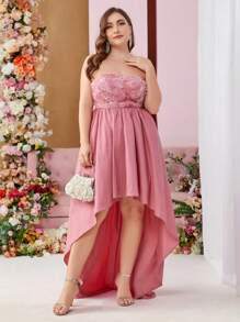 SHEIN Belle Plus Size Strapless Evening Dress With Asymmetrical Hem And 3d Floral Fabric - Pink - View 8