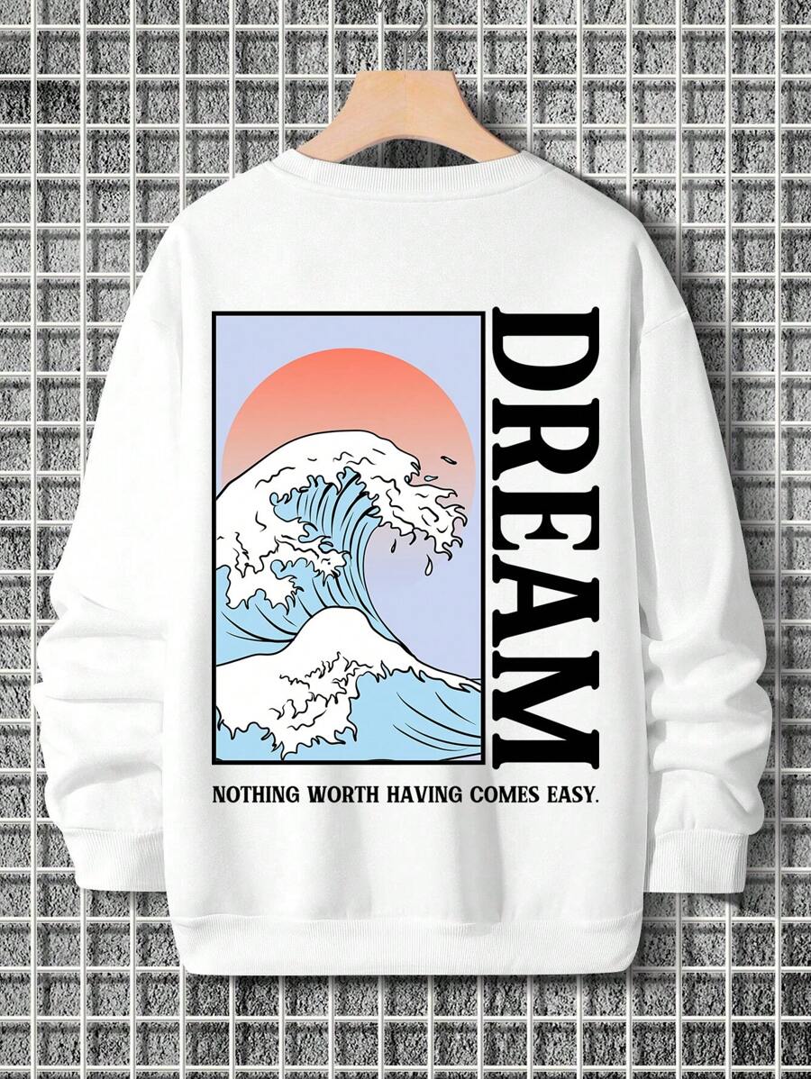 Manfinity Hypemode 鬆身男士浪花和字母紋圓領運動衫 - 白色 - 查看 1