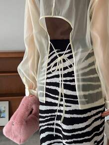FRIFUL Women'S See-Through Drop Shoulder Shirt Sheer,Fall Women Clothes Long Sleeve Top - Beige - View 6