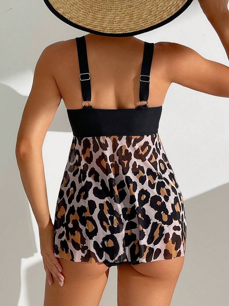 Women'S Leopard Print Cami Tank Top With Chain Decoration And Triangle Tankini Set Summer