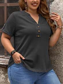 EMERY ROSE Camiseta de Manga Curta com Decote Entalhe em Cor Sólida Casual de Verão Plus Size - Chumbo - Visão 1