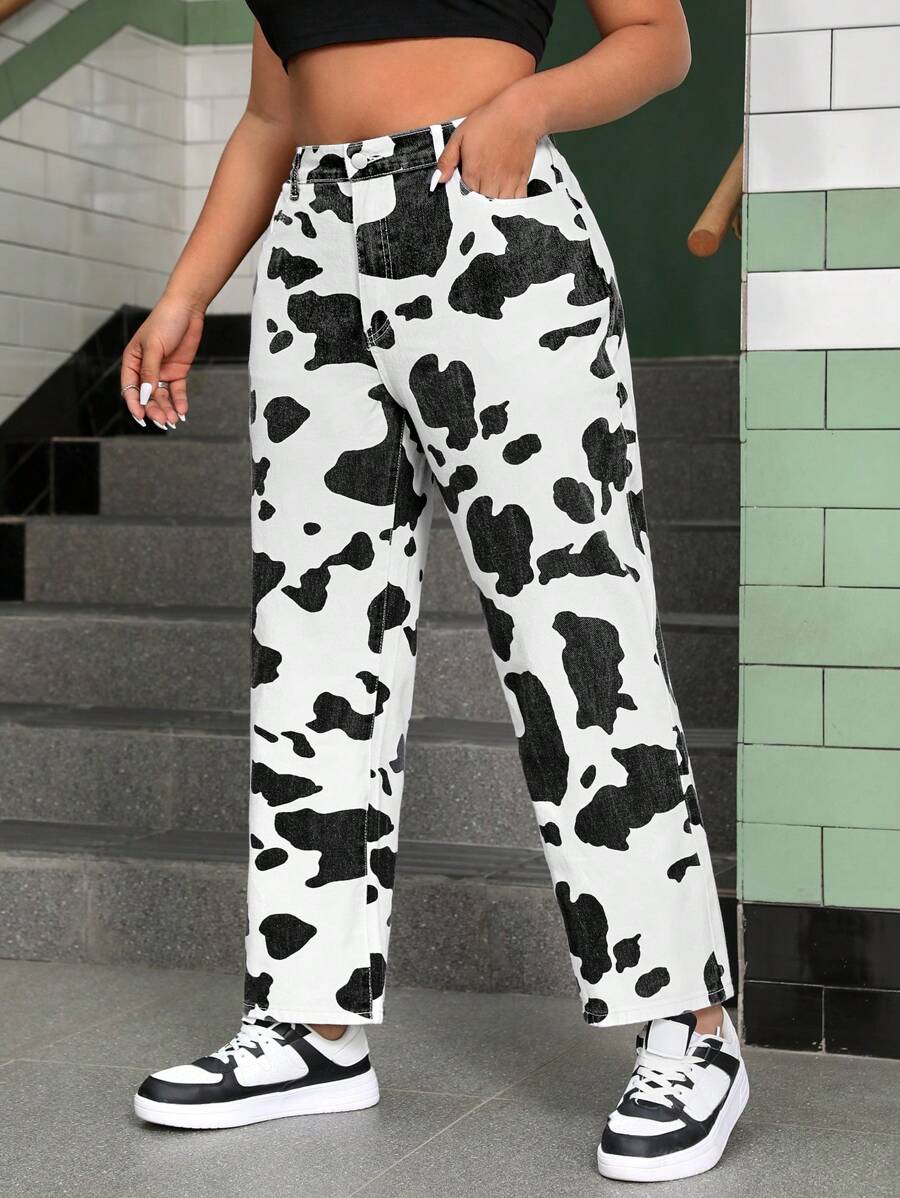 SHEIN EZwear 大碼奶牛印花直筒牛仔褲 - 黑與白 - 查看 1