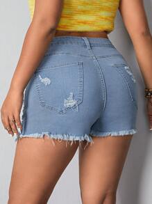 SHEIN EZwear 大尺碼女款仿舊牛仔短褲 - 藍色 - 查看 2