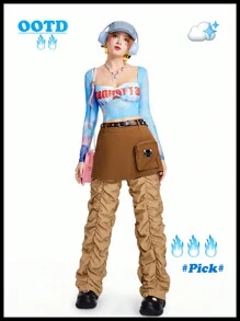 SHEINNeu 90s Ruched Flap Pocket Cargo Skort&Pants - Brown - View 5