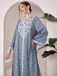 Al Najma Women's Floral Printed Long Sleeve Arabic Style Jalabiya Dress With Notch V-Neck - Multicolor - View 7