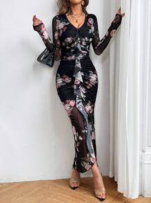 SHEIN Privé Vestido Decorado Con Dobladillo Con Volantes Y Cuello En V Para Mujer