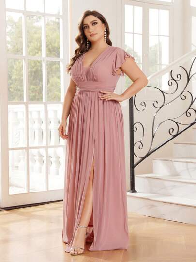 SHEIN Belle Plus Size Women's Pink Elegant Ruffle Sleeves V-Neck Glitter Stretch Fabric Bridesmaid Dress Wedding Dress Formal Dress