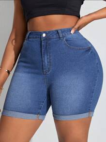 SHEIN SXY Kích thước lớn Co giãn Gầy Quần short Denim - Màu xanh lam - Xem 5