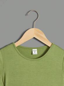 SHEIN Cô gái Dệt kim Vòng cổ Giải trí Ngắn tay Áo thun , - Màu xanh chanh - Xem 4